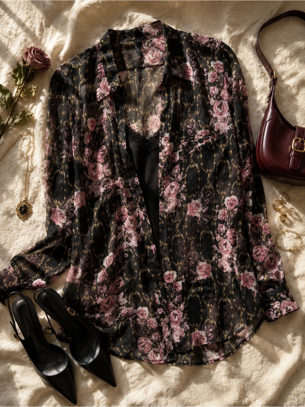 KUT from the Kloth Sheer Rose Baroque Blouse L Black Pink Floral